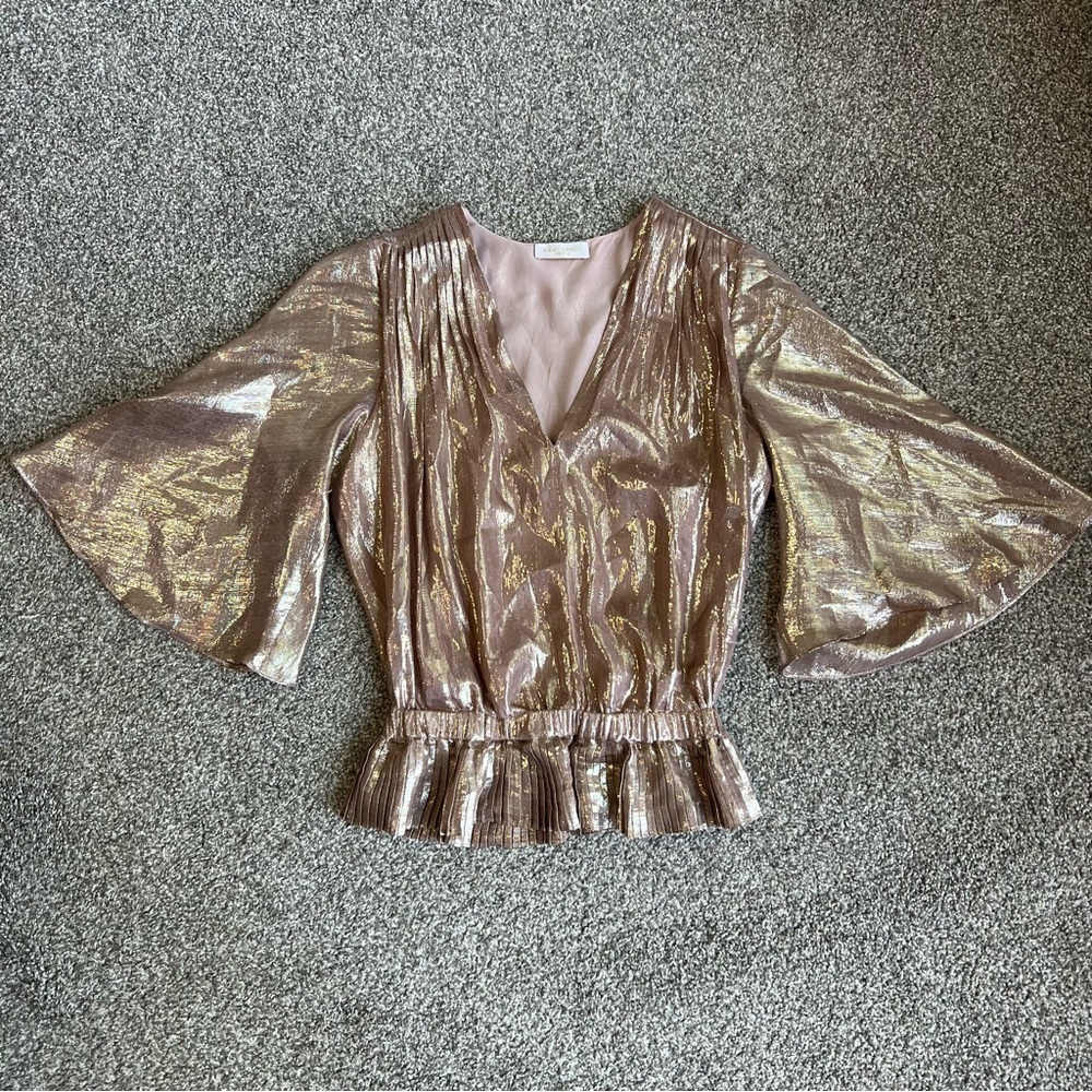 Ramy Brook Rose‎ Gold Silk/Metallic Bell Sleeve Blouse